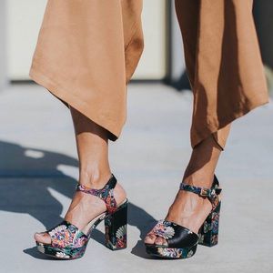 Black floral embroidered heels
